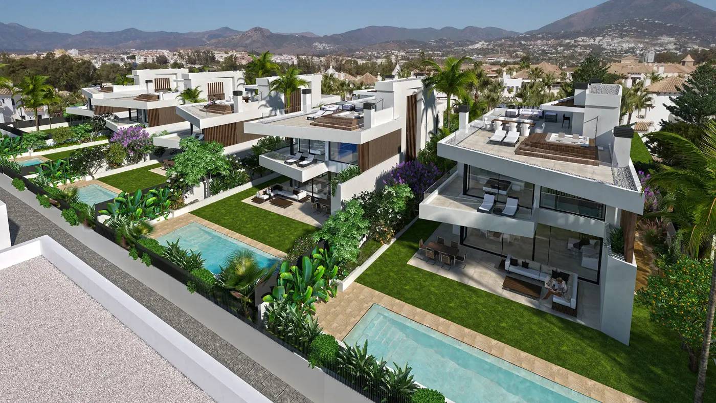 Nowe Wille z Prywatnymi Basenami i Tarasem Dachowym przy Plaży Puerto Banús — Marbella, Hiszpania